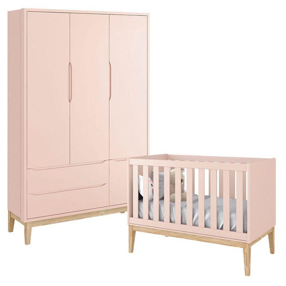 Berço Americano E Guarda Roupa Classic 3 Portas Rosa Com Pés Madeira Natural - Reller - 1