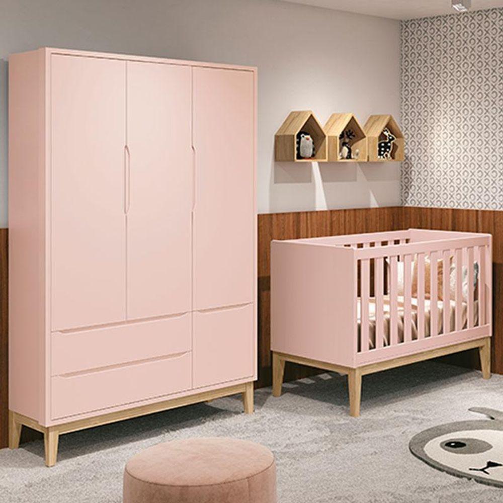 Berço Americano E Guarda Roupa Classic 3 Portas Rosa Com Pés Madeira Natural - Reller - 5