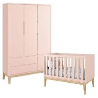 Berço Americano E Guarda Roupa Classic 3 Portas Rosa Com Pés Madeira Natural - Reller - 1
