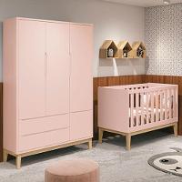 Berço Americano E Guarda Roupa Classic 3 Portas Rosa Com Pés Madeira Natural - Reller - 5
