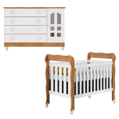 Conjunto Berço Americano Lila e Cômoda Gran Selena em MDF Branco Acetinado Amadeirado