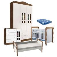 Quarto De Bebê Ariel 3 Portas Berço Mirelle Com Colchão E Cama Babá Julia Branco Acetinado Amadeirado - 1