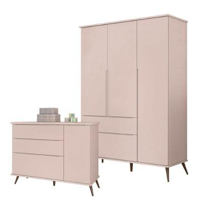 Cômoda e Guarda Roupa Infantil Alice 4 Portas 5 Gavetas MDF Retrô Rosa Acetinado Amadeirado