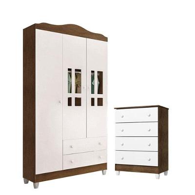 Cômoda Gaveteiro e Guarda Roupa Infantil Ariel 4 Gavetas MDF com Puxador Metal Branco Acetinado