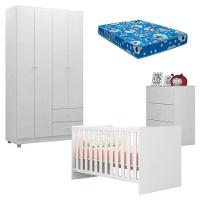 Quarto De Bebê Louise 4 Portas Com Berço Doce Sonho 100 Branco Brilho E Colchão - Ajl - 1