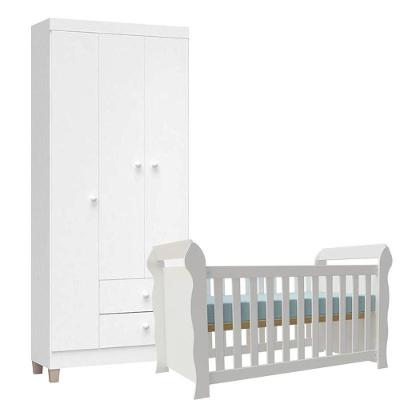 Berço Americano e Guarda Roupa Infantil Lara Ternura Baby 3 Portas 2 Gavetas MDF MDP Branco