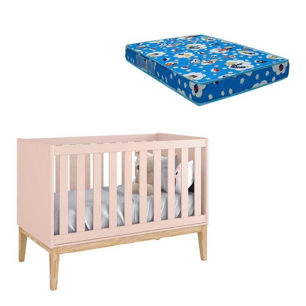 Berço Americano New Classic Rosa Com Pés Madeira Natural E Colchão Ortobom - Reller - 1