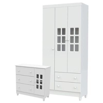 Cômoda Infantil e Guarda Roupa Mariah 3 Portas 3 Gavetas em MDF MDP Branco Brilho