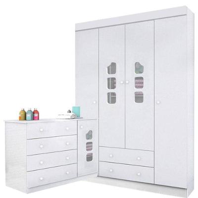 Cômoda e Guarda Roupa Infantil Lívia 4 Gavetas em MDF com Puxador Plástico Branco
