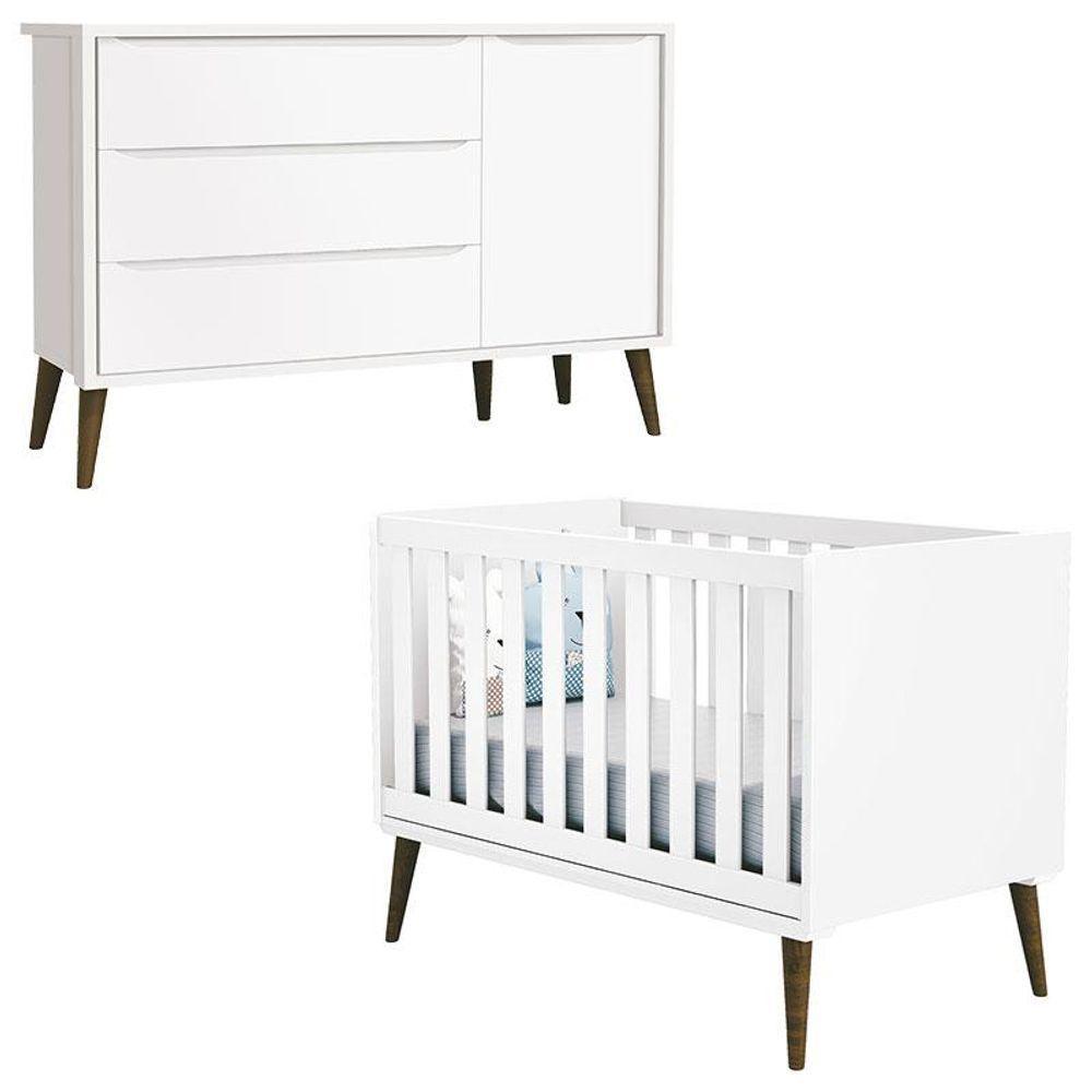 Berço Americano E Cômoda Com Porta Infantil Theo Branco Acetinado Com Pés Amadeirado - Reller - 1