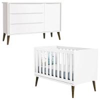 Berço Americano E Cômoda Com Porta Infantil Theo Branco Acetinado Com Pés Amadeirado - Reller - 1