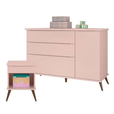 Cômoda Infantil com Porta e Mesa de Apoio Alice 3 Gavetas em MDF Rosa Acetinado