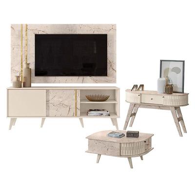 Rack Bancada e Painel para Tv Cronos 160cm em MDP com Aparador e Mesa de Centro Off White