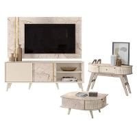 Rack Bancada E Painel Para Tv Cronos Com Aparador Estoril E Mesa De Centro Indianápolis Calacata Off White - Madetec - 1