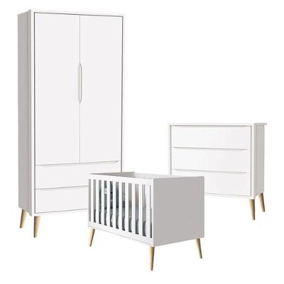 Quarto De Bebê Theo 2 Portas Com Cômoda Gaveteiro Branco Acetinado Pés Madeira Natural - Reller