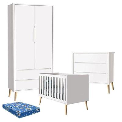Quarto de Bebê Theo com Berço Colchão Guarda-Roupa 2 Portas Cômoda 2 Gavetas MDF Branco Reller