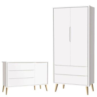Cômoda Infantil e Guarda Roupa Theo 5 Gavetas MDF Puxador Metal Branco Acetinado