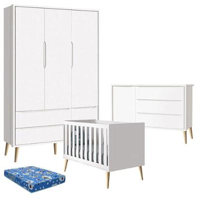 Quarto de Bebê Theo 3 Portas Kit MDF 135 cm Branco Acetinado com Berço Colchão Cômoda Reller