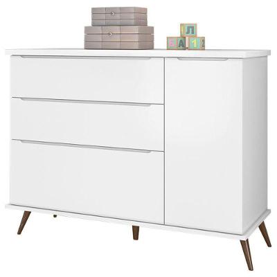 Cômoda Infantil Alice 3 Gavetas MDF Puxador Metal Branco Acetinado com Porta