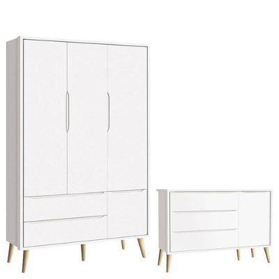Cômoda Infantil com Guarda Roupa Theo 5 Gavetas MDF Puxador Metal Branco Acetinado
