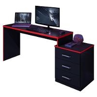 Mesa Para Computador Gamer Drx 5000 E Livreiro Office Com Portas Pequenas Preto Trama Vermelho - Móveis Leão - 6