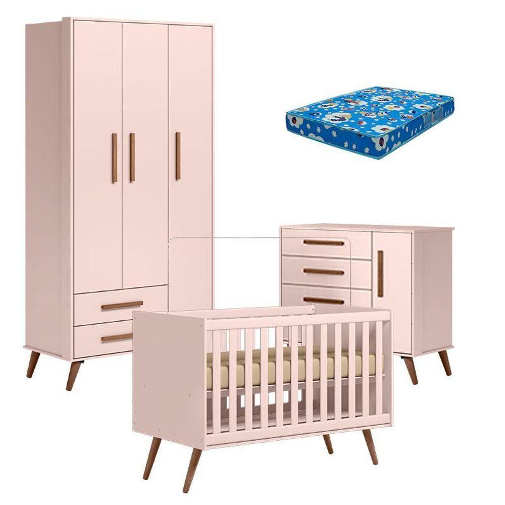 Quarto De Bebê Q Encanto Retrô Rosa Com Colchão Ortobom - Qmovi - 1