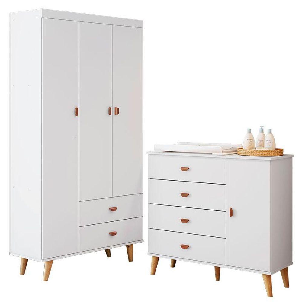 Cômoda Infantil Com Guarda Roupa 3 Portas Duda Branco Acetinado Bétula - Carolina - 1