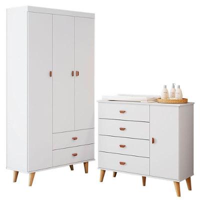 Cômoda Infantil com Guarda Roupa 3 Portas Duda 6 Gavetas MDF Branco Acetinado Bétula