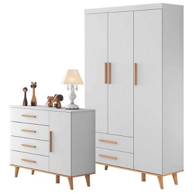 Cômoda e Guarda Roupa Infantil Ludmila 3 Portas Giratórias 2 Gavetas em MDF Branco Bétula