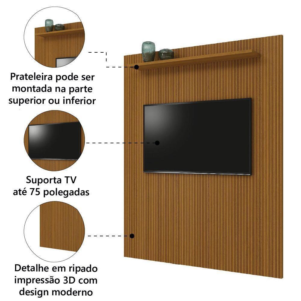 Painel Para Tv Até 75 Polegadas Ripado 3d Egeo C/ Prateleira 1,80m Cedro - 3