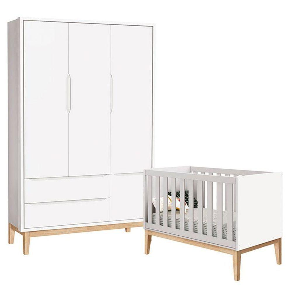 Berço Americano E Guarda Roupa Classic 3 Portas Branco Com Pés Madeira Natural - Reller - 1