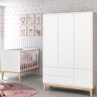 Berço Americano E Guarda Roupa Classic 3 Portas Branco Com Pés Madeira Natural - Reller