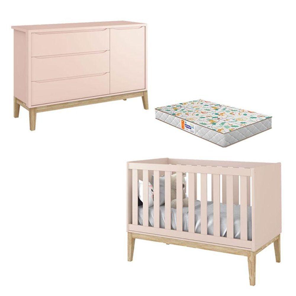 Berço Americano E Cômoda New Classic Rosa Com Pés Madeira Natural E Colchão Gazin - Reller - 1