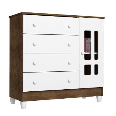 Cômoda Infantil Ariel 4 Gavetas MDF com Porta Branco Acetinado Amadeirado para Quarto de Bebê