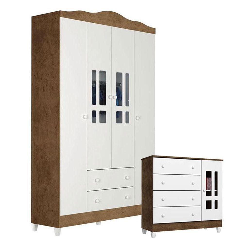 Cômoda E Guarda Roupa Infantil Ariel 4 Portas Branco Acetinado Amadeirado - Carolina - 1