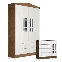 Cômoda E Guarda Roupa Infantil Ariel 4 Portas Branco Acetinado Amadeirado - Carolina - 1