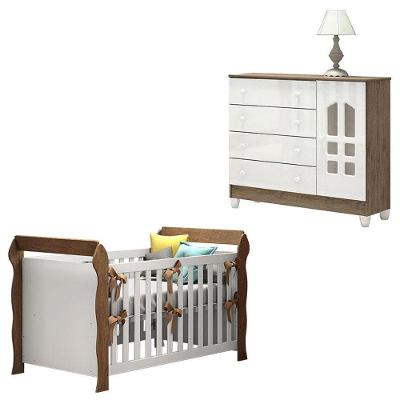 Conjunto Berço Americano Lara e Cômoda Selena em MDF e MDP Branco Acetinado Amadeirado