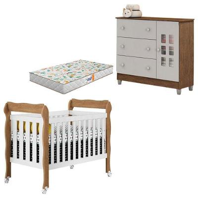 Conjunto Berço Americano Lila e Cômoda Mariah MDF com Colchão Incluso Branco Acetinado Amadeirado