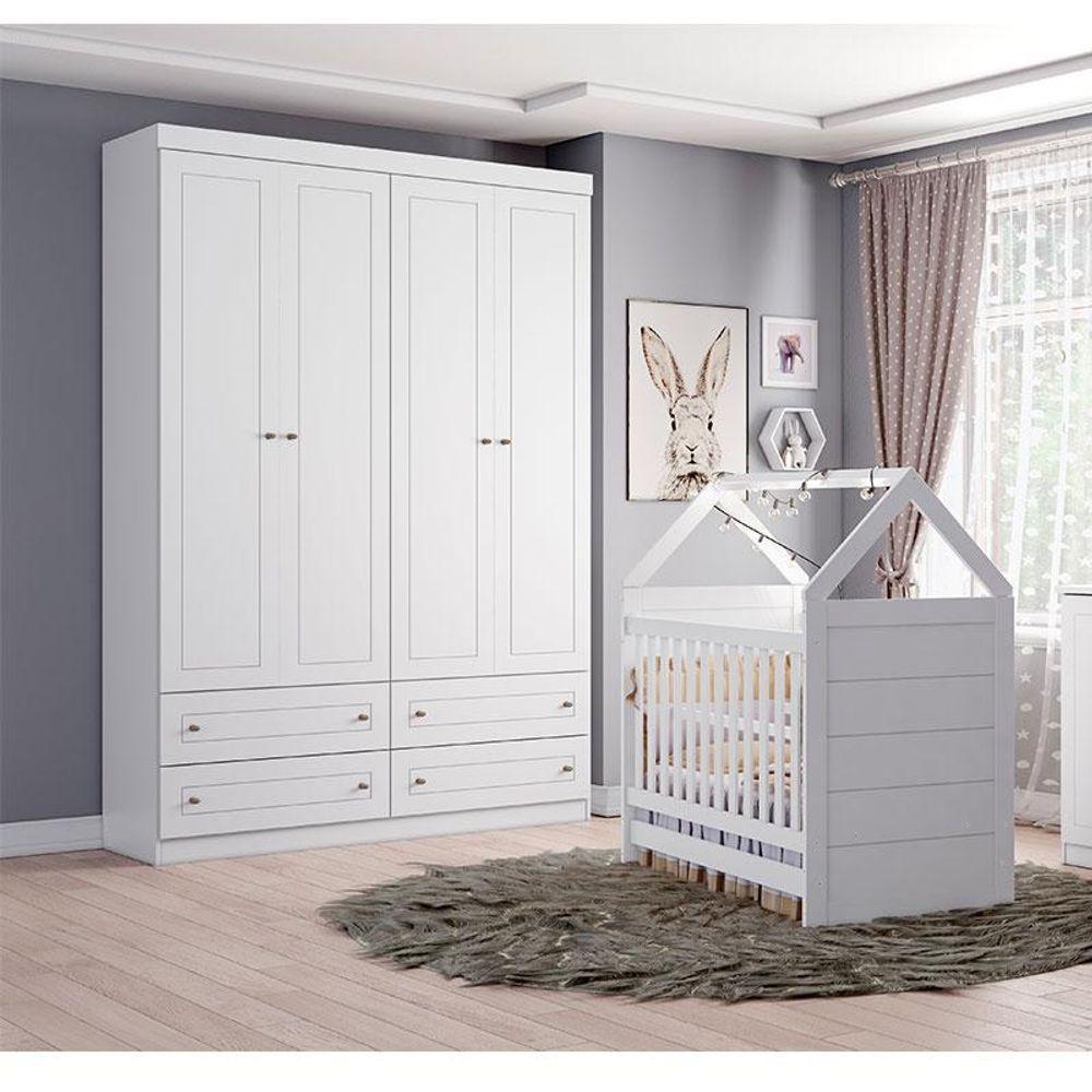 Berço Montessoriano Americano E Guarda Roupa Infantil Mississipi 4 Portas Branco Com Colchão Ortobom - 4