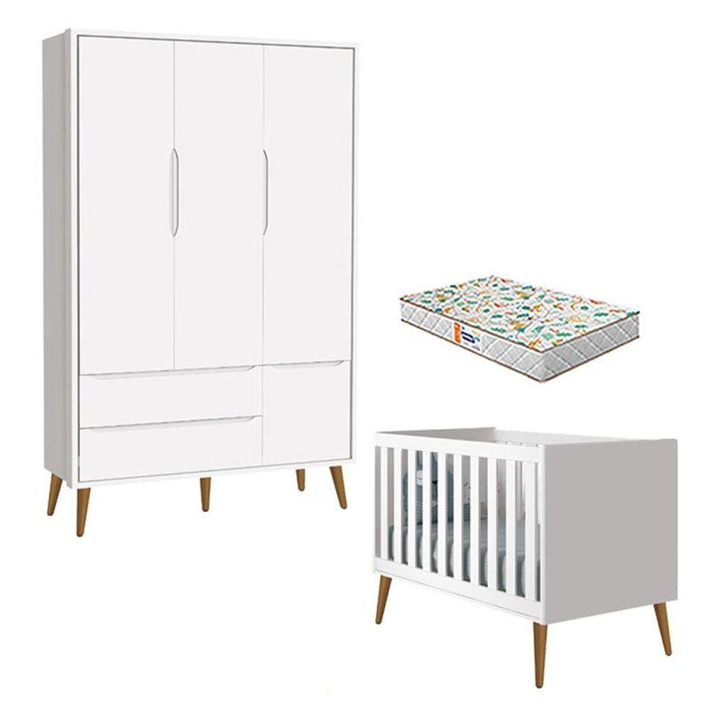 Berço Americano E Guarda Roupa 3 Portas Theo Branco Pés Amadeirados Com Colchão Gazin - Reller - 1