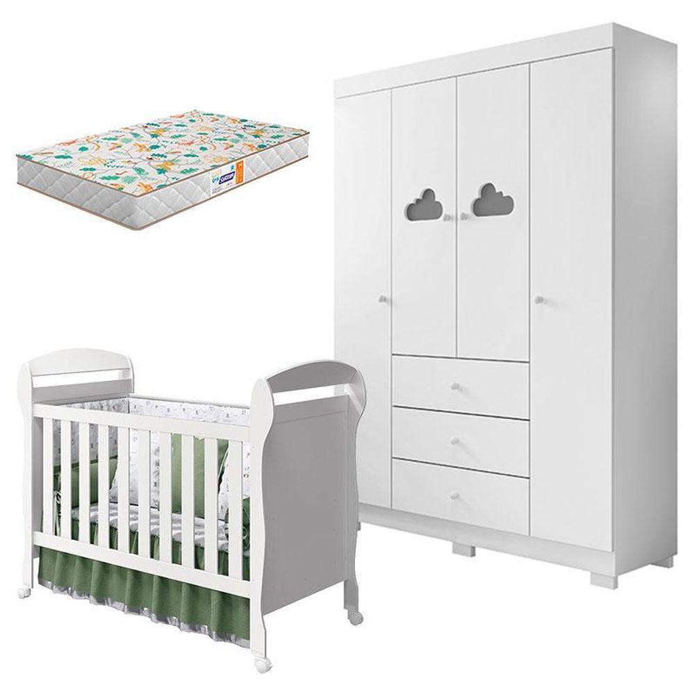 Berço Americano Danny E Guarda Roupa Infantil Ane Branco Brilho Com Colchão Gazin - Phoenix Baby - 1