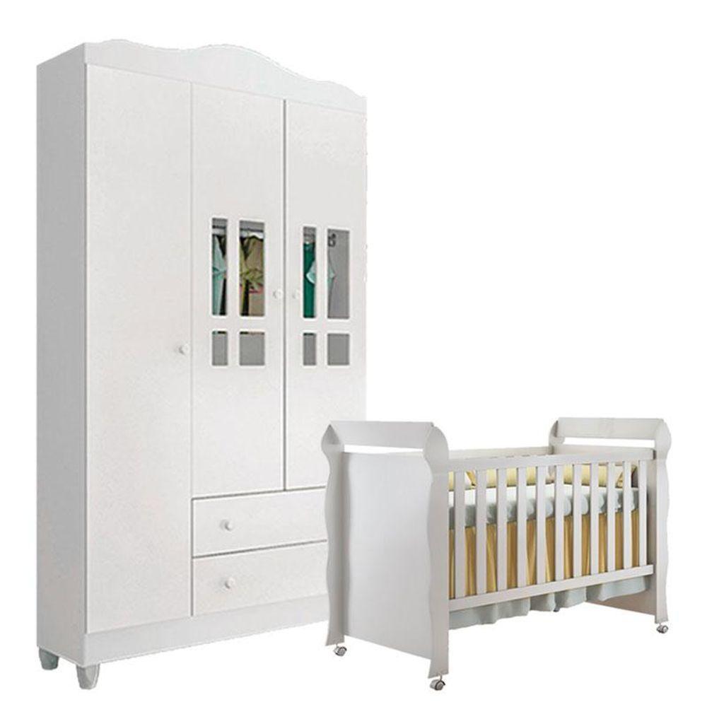 Berço Americano Mirelle E Guarda Roupa Infantil Ariel 3 Portas Branco Brilho - Carolina - 1