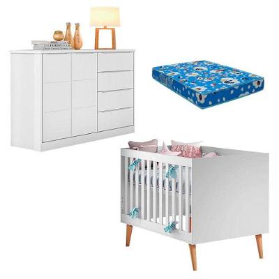 Berço Americano Ludmila com Cômoda 2 Portas 4 Gavetas MDF 133cm Branco Phoenix Baby