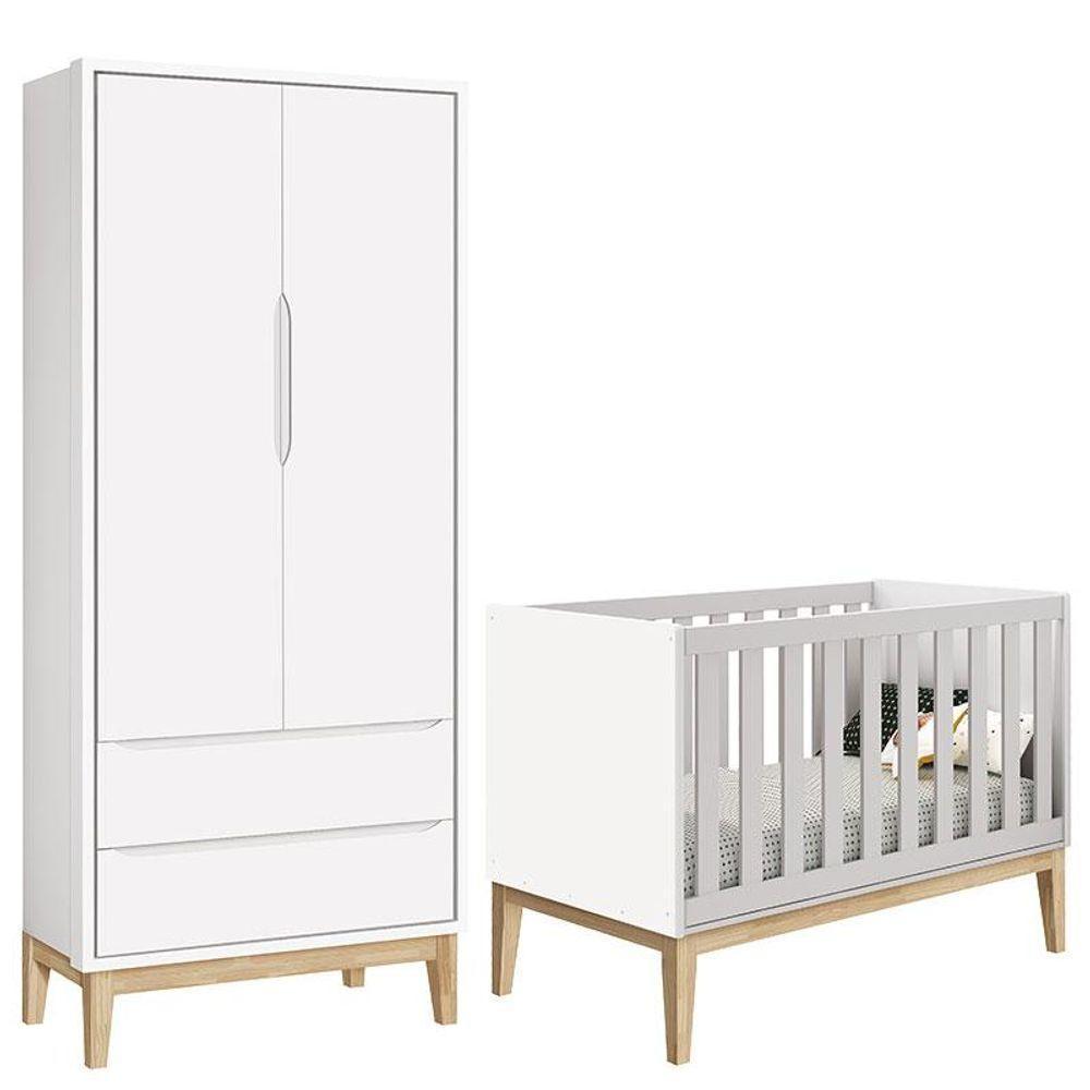 Berço Americano E Guarda Roupa Classic 2 Portas Branco Com Pés Madeira Natural - Reller - 1