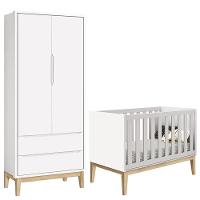 Berço Americano E Guarda Roupa Classic 2 Portas Branco Com Pés Madeira Natural - Reller - 1