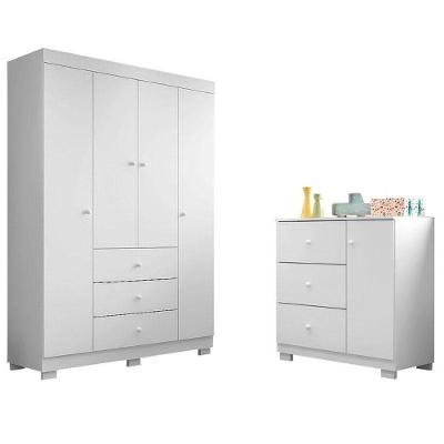 Cômoda Infantil Com Guarda Roupa 4 Portas Duda Branco Brilho - Phoenix Baby