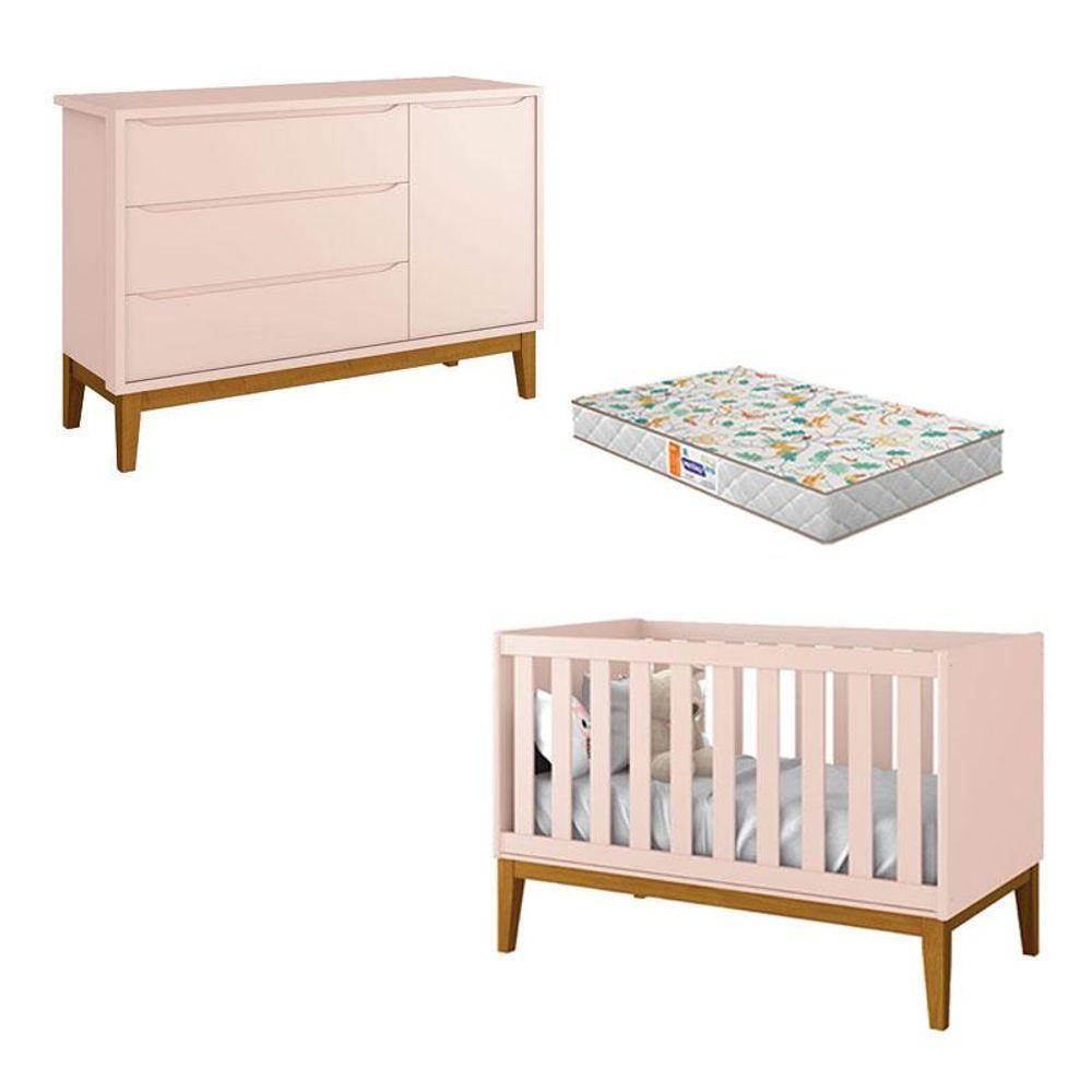 Berço Americano E Cômoda New Classic Rosa Com Pés Madeira E Colchão Gazin - Reller - 1