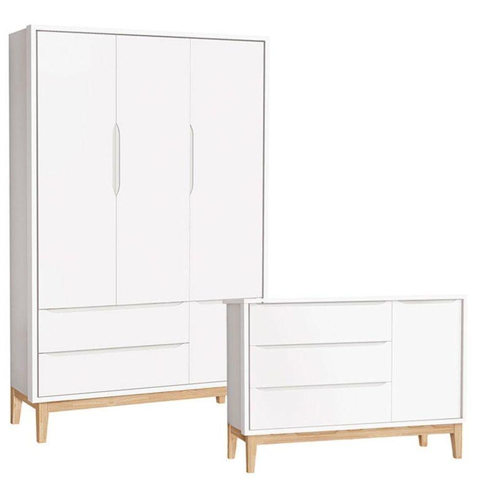 Cômoda Com Porta E Guarda Roupa Infantil 3 Portas New Classic Branco Com Pés Madeira Natural - Reller - 1