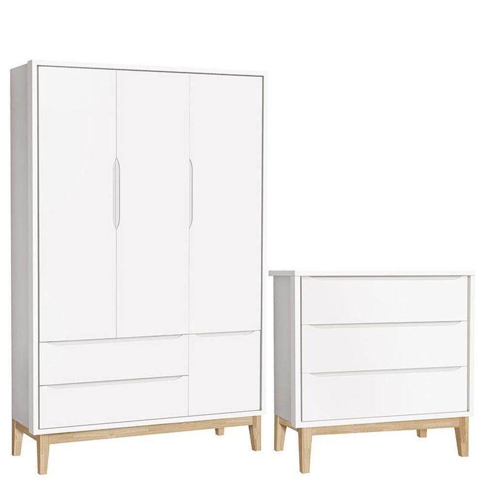 Cômoda Gaveteiro E Guarda Roupa Infantil 3 Portas New Classic Branco Com Pés Madeira Natural - Reller - 1