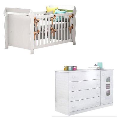 Berço Americano e Cômoda Infantil Lara e Lívia 1 Porta 4 Gavetas MDF MDP 154 cm Branco Carolina Baby